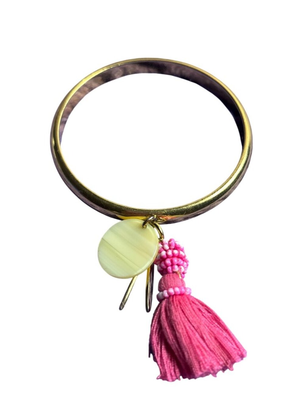 J. Crew Beaded Charm Tassel Bangle Bracelet Goldtone 7.75 in Wear on Seed Beads